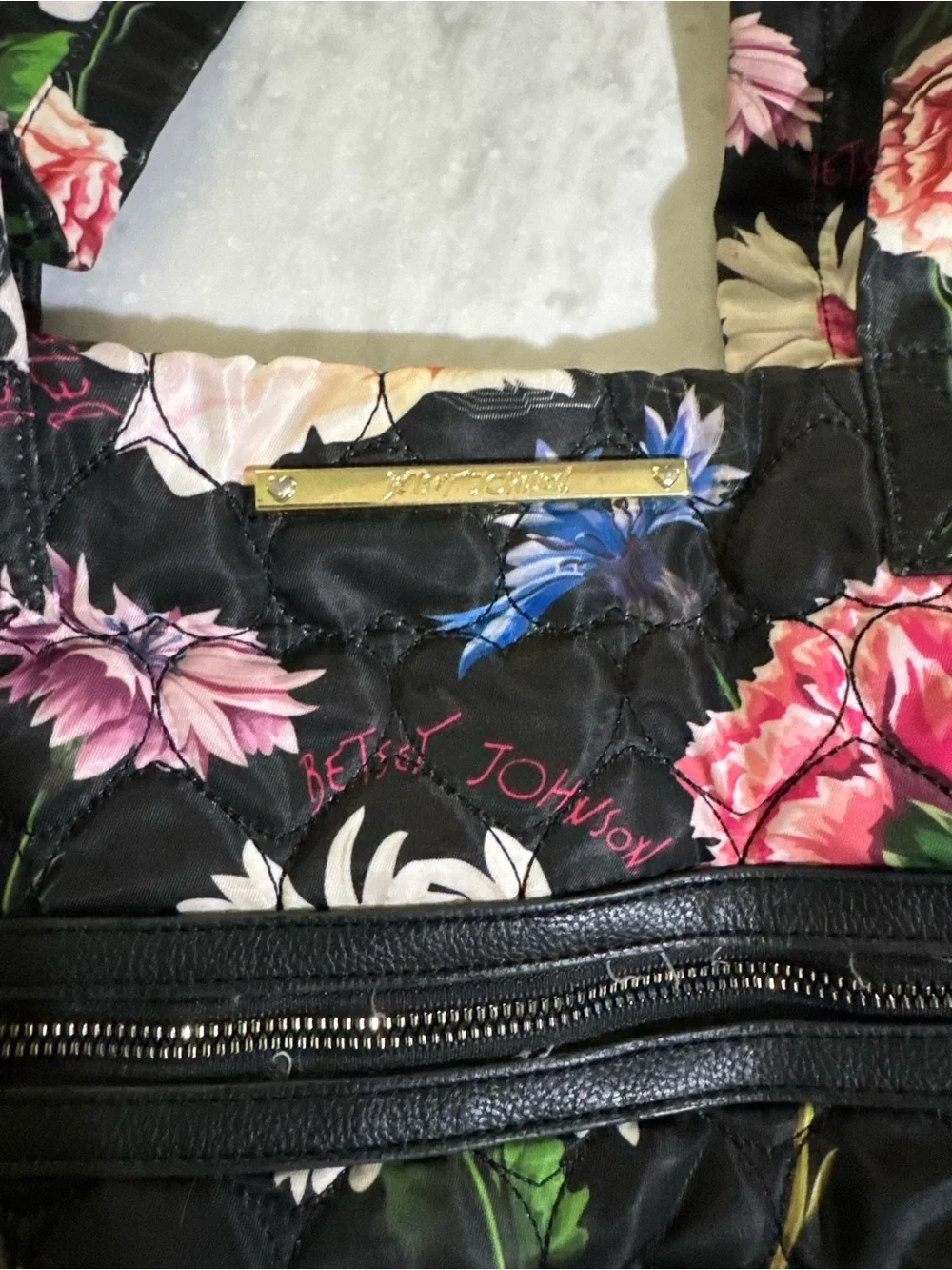 Betsey Johnson Black + Pink Quilted Floral Cute Casual Bucket Bag Tote